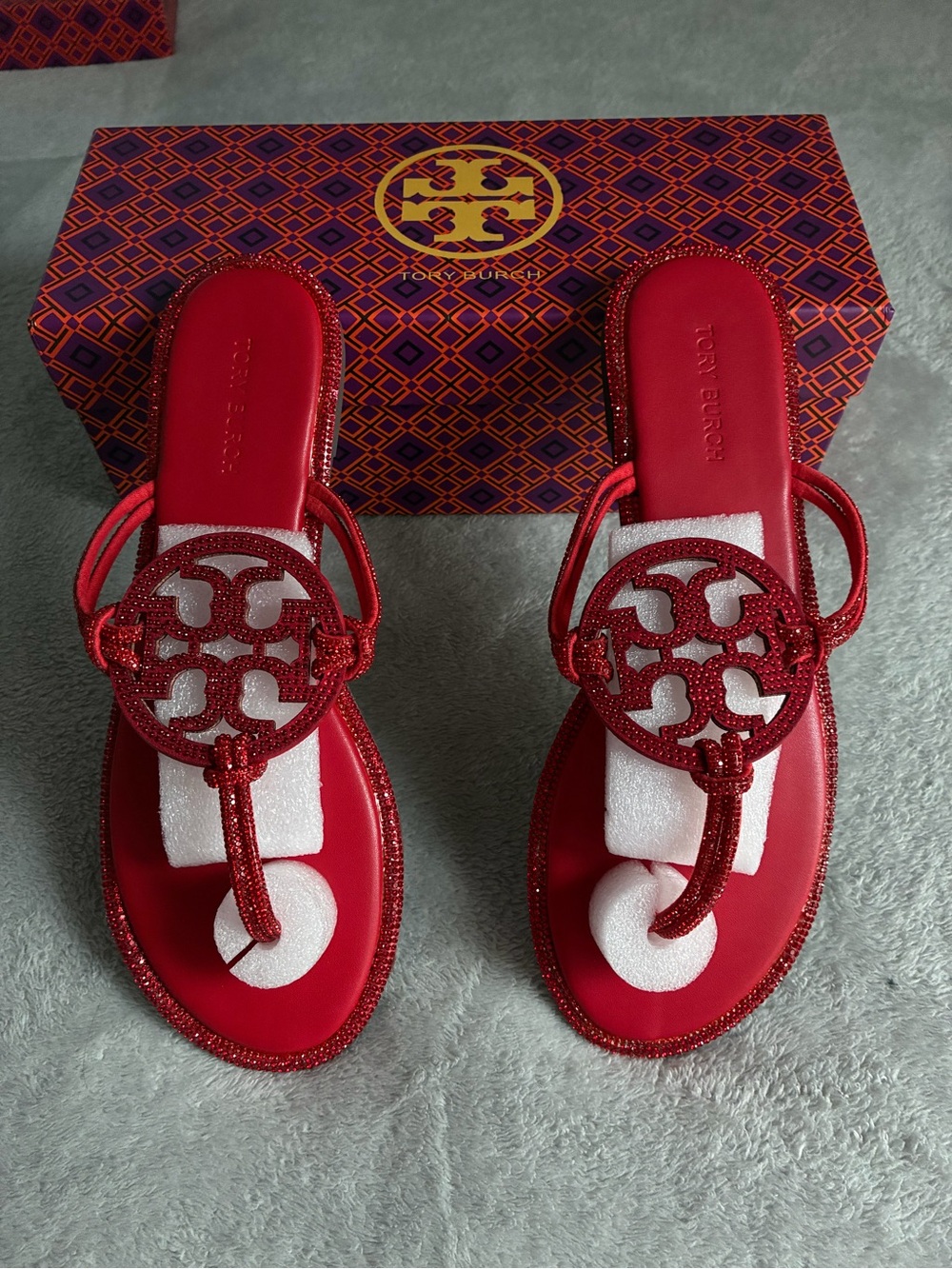 Tory Burch Red Glitter Logo Thong Sandals